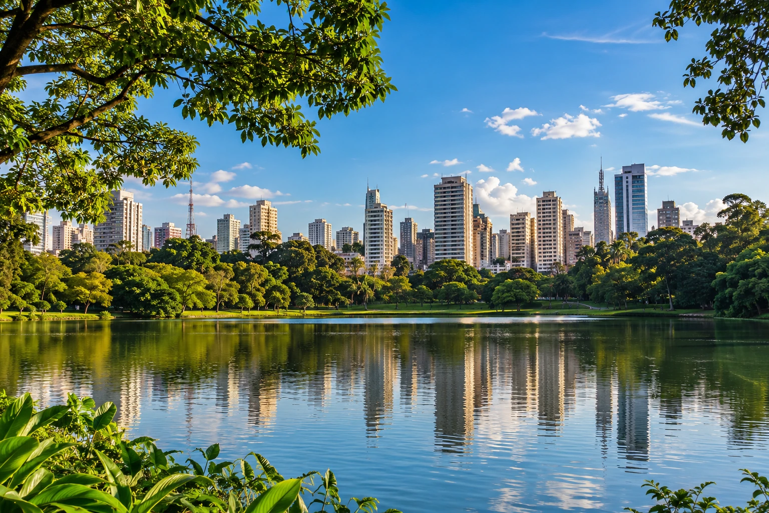 Ibirapuera Parkı’ndan esinlenen São Paulo gölü ve şehir manzarası